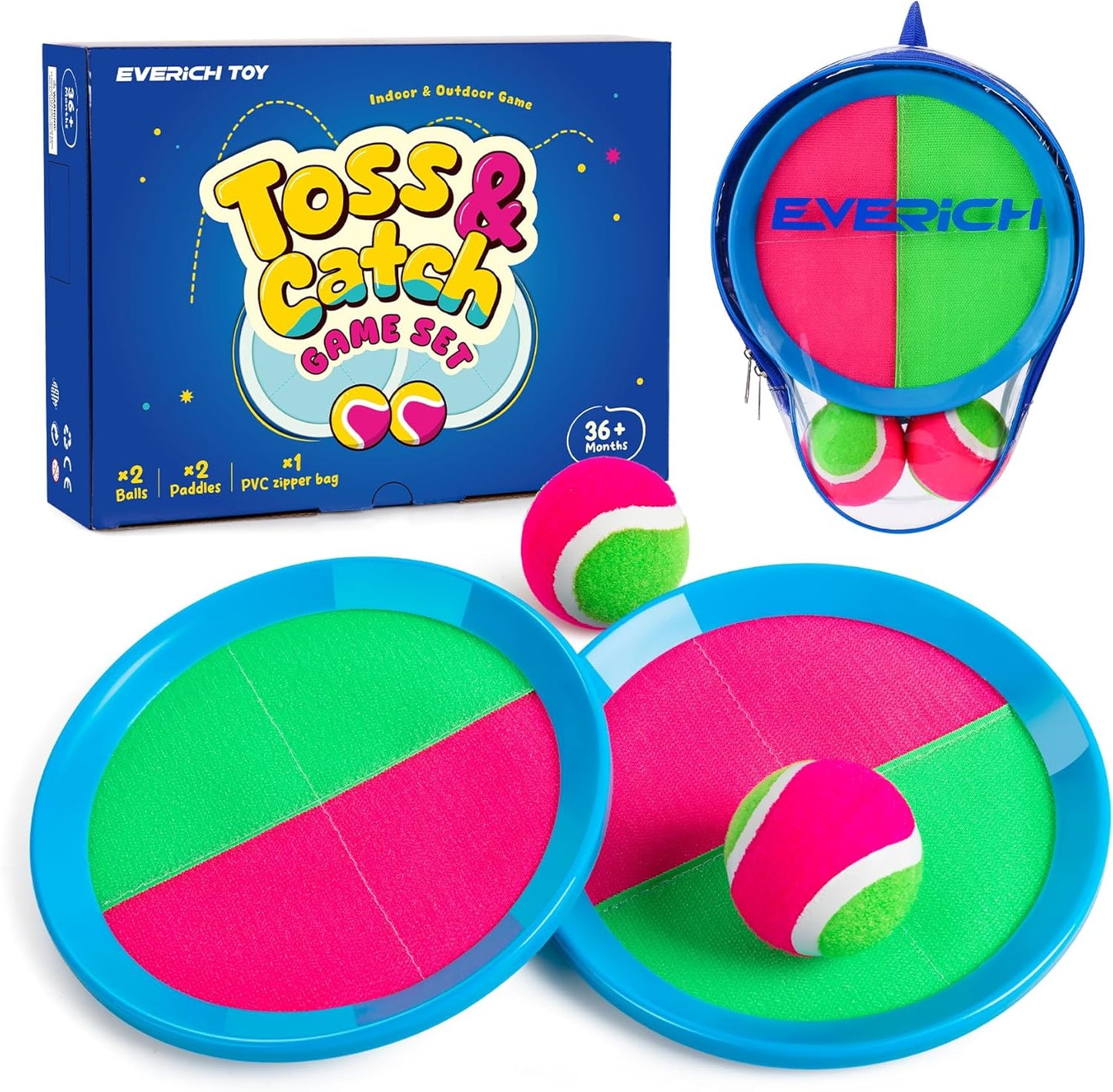 Upgraded Toss & Catch Ball Game Set - Indoor & Outdoor Fun Toy for Kids, Family & Friends (Includes 2 Paddles & 2 Sticky Balls)