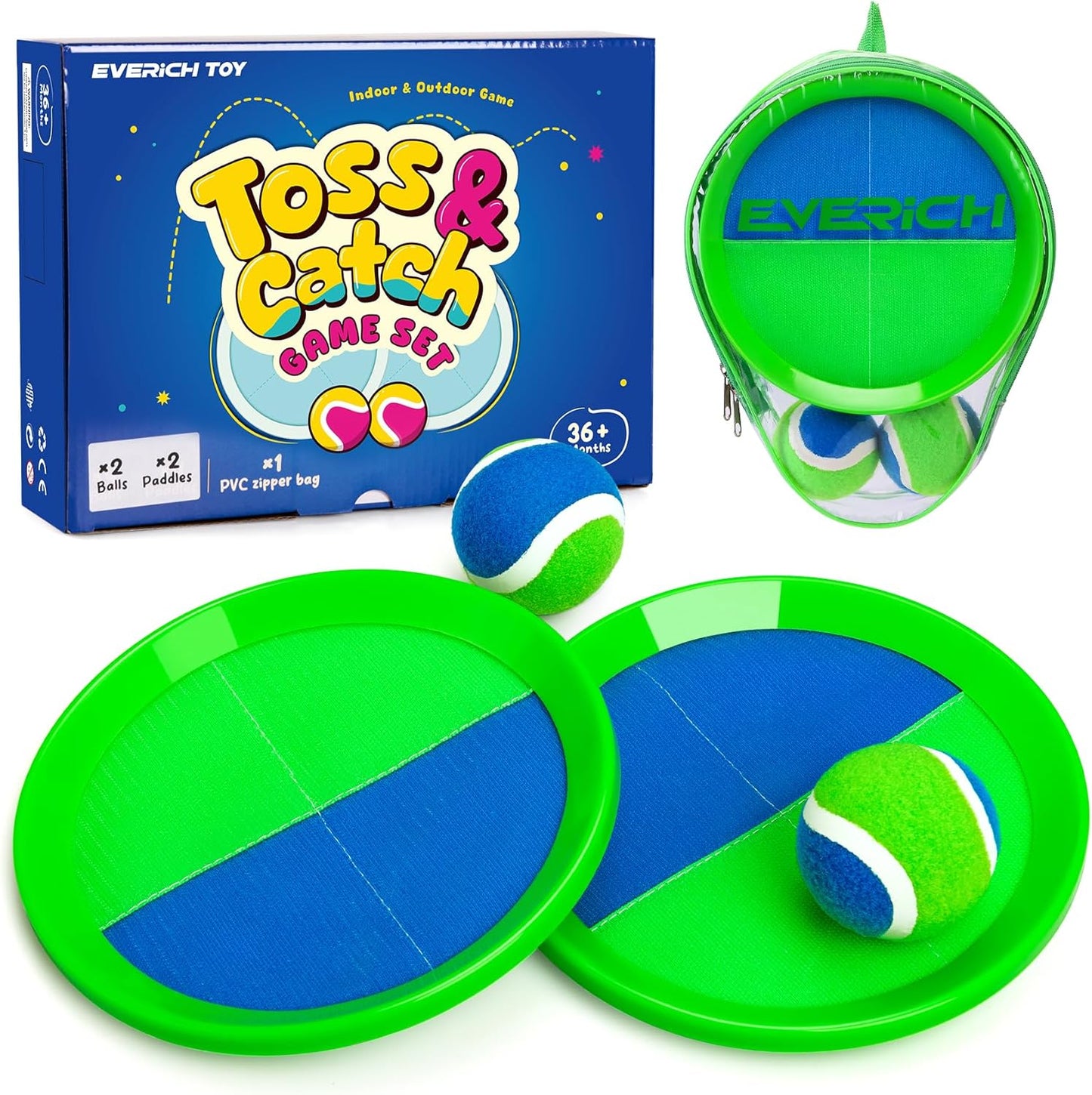 Upgraded Toss & Catch Ball Game Set - Indoor & Outdoor Fun Toy for Kids, Family & Friends (Includes 2 Paddles & 2 Sticky Balls)