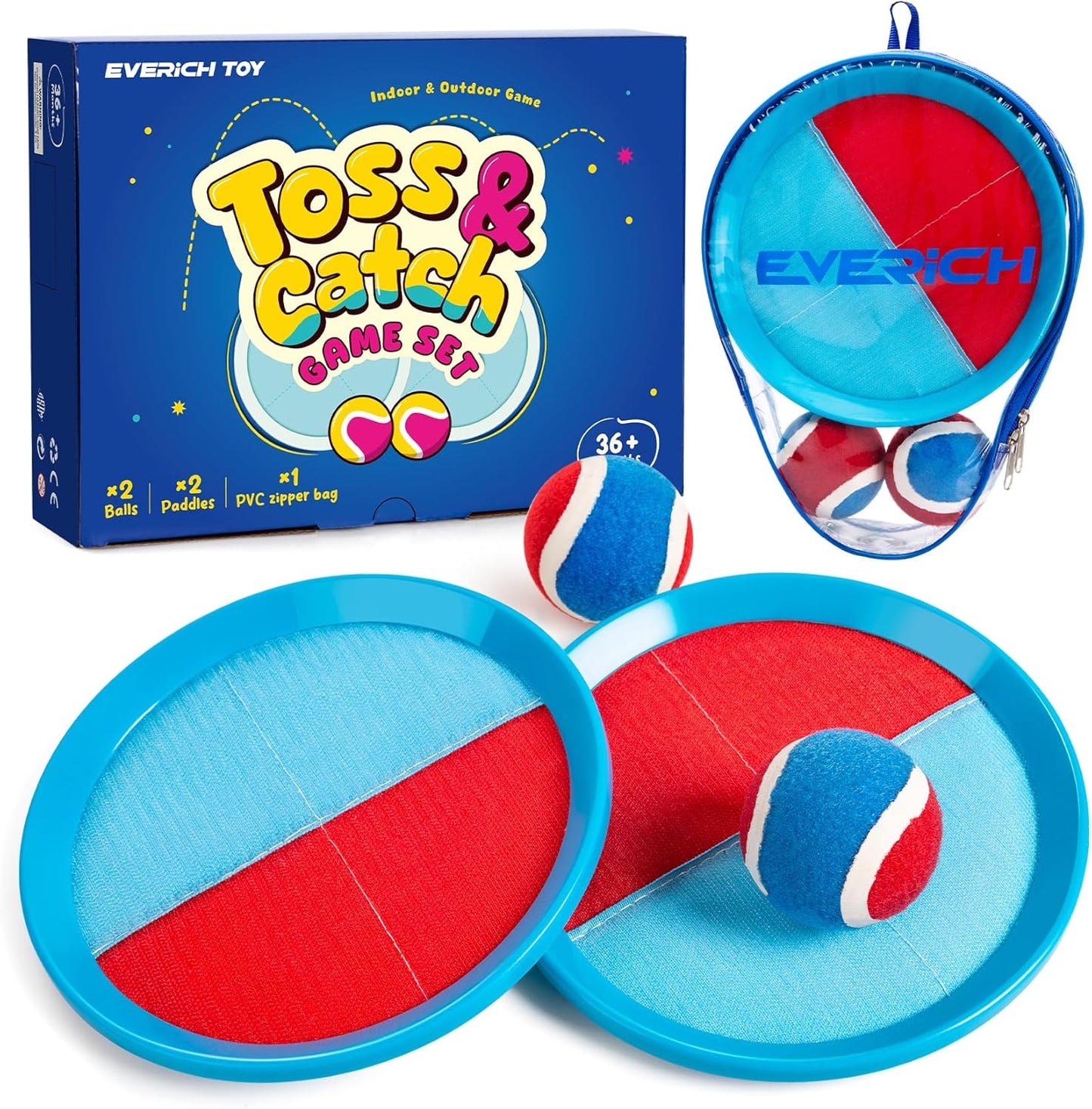 Upgraded Toss & Catch Ball Game Set - Indoor & Outdoor Fun Toy for Kids, Family & Friends (Includes 2 Paddles & 2 Sticky Balls)