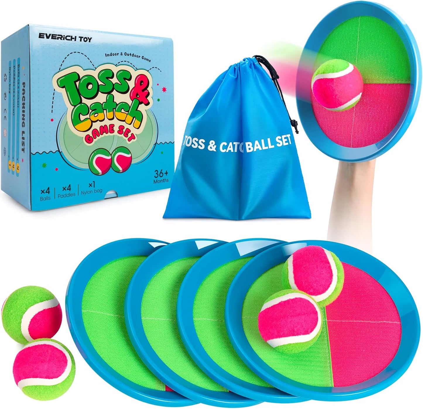 Upgraded Toss & Catch Ball Game Set - Indoor & Outdoor Fun Toy for Kids, Family & Friends (Includes 2 Paddles & 2 Sticky Balls)
